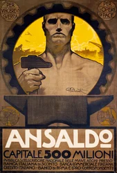 Arbejder med hammer og ambolt, plakat af Ansaldo fra Genova for tegning af nye aktier