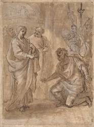 Christ and the Centurion recto, figur vinker til afgående skib verso., n.d..