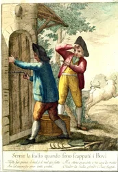 "Det nytter ikke noget at lukke stalden, når hestene er undsluppet." 1700-tals gravering, der illustrerer en række ordsprog. Giuseppe Piattoli (1740/50-1818)