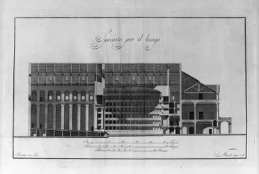 Architectural Cup of the Theatre of La Scala af Giuseppe Piermarini (1734-1808) ca. 1776-1778 Milano Italien (Arkitektur udskåret tegning af teater alla Scala af Piermarini, Milano, Italien) Gravering