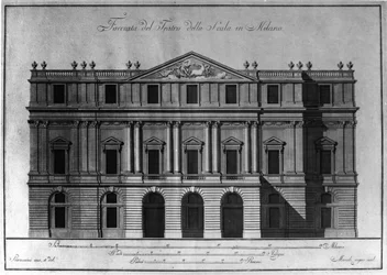 Tegning af den udvendige arkitektur af facaden på Teatro alla Scala (Theatre de la Scala) i Milano realiseret af Giuseppe Piermarini (1734-1808).