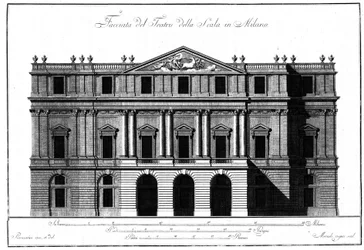 Tegning af den ydre arkitektur på facaden af Teatro alla Scala i Milano, udført af Giuseppe Piermarini (1734-1808).