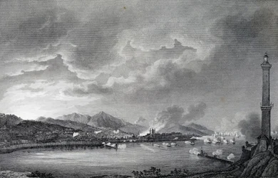 Genova bliver bombarderet af engelsk flåde, 25. maj 1800, stålstik fra tegning af Giuseppe Pietro Bagetti (1764-1831), Paris