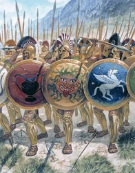 Antikkens Grækenland: hoplitternes fremmarch - Antikkens Grækenland: græske hoplitter - Illustration af Giuseppe Rava