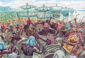 Det gamle Egypten: Slaget ved Deltaet var et søslag mellem Egypten og havfolkene omkring 1175 f.v.t., hvor den egyptiske farao Ramses III afviste en større søinvasion - Illustration af Giuseppe Rava