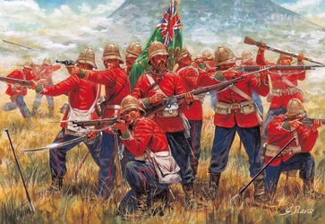 Zulukrigen: soldater fra Det Britiske Imperium ved slaget ved Isandhlwana (Isandlwana eller Isandula) i Sydafrika, 22/01/1879 - Illustration af Giuseppe Rava
