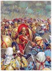 Slaget ved Thermopylæ: den spartanske hær under Leonidas 1. kæmper sammen med grækerne mod perserne i 480 f.Kr. (Perserkrigene/Slaget ved Thermopylæ 480 f.Kr. - Den spartanske konge Leonidas og hans mænd falder i slaget - Illustration af Giusep