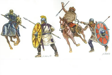 Cataphract kæmper mod en romanlegionær og romanlegionær kæmper mod en hunnerkriger