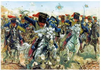 Krimkrigen: Slaget ved Balaklava den 25/10/1854, det engelske kavaleris angreb - Krimkrigen: det britiske kavaleris angreb under Slaget ved Balaklava, udkæmpet den 25. oktober 1854 - Illustration af Giuseppe Rava