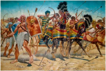 Egyptisk antikvitet: repræsentation af farao Ramses II (1304-1213 f.Kr.) med sin hær, der styrer kampvogne under slaget ved Qadesh i 1274 f.Kr. - Farao Ramses II (1303 f.Kr. ð 1213 f.Kr.) og hans hær under slaget ved Kadesh i 1274 f.Kr. i det gamle Egypten