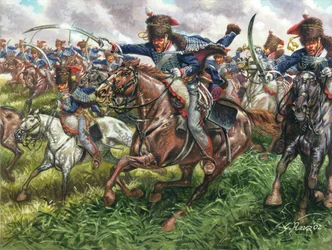 First Empire: angrebet af det 15. regiment engelske dragoner i slaget ved Waterloo den 18. juni 1815 - First empire: charge of the 15th regiment of british dragoons in Waterloo on 18th June 1815 - Illustration af Giuseppe Rava