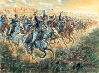 Det første kejserrige: de preussiske husarers angreb omkring 1810 - Det første kejserrige: de preussiske husarer angriber - Illustration af Giuseppe Rava