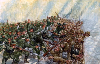 Den fransk-thailandske krig (1940-1941): slag mellem Thailands hær under general Plaek Pibulsonggram, kaldet Phibun, og Vichy-regeringens franske hær i Indokina - Den fransk-thailandske krig: slag mellem Thailand og Vichy-Frankrig - Illustration af Gius