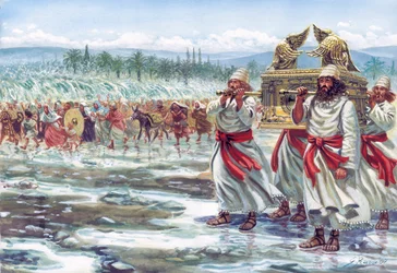 Josva bærer pagtens ark og krydser Jordanfloden med det jødiske folk - Illustration af Giuseppe Rava