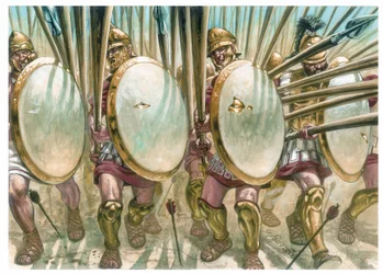 Kongeriget Makedonien: De makedonske falangisters angreb - De makedonske falangitters angreb - Illustration af Giuseppe Rava