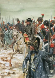 Længe leve kejseren! Kejser Napoleon I (1769-1821) en hest omringer hans hær under det franske felttog i januar 1814" - Den sjette koalitionskrig, slag i Frankrig, kejser Napoleon I omringet af sin hær under det franske felttog - Illustration af G
