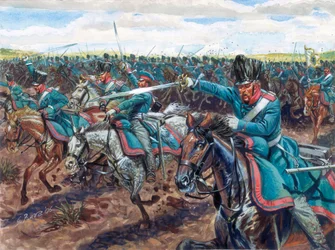 Napoleonskrigene: prøjsiske dragoner angriber Illustration af Giuseppe Rava