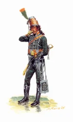 Portræt af Joachim Murat (1767-1815) ung soldat i jægeruniform - Portræt af unge Joachim Murat i jægerhesteuniform - Illustration af Giuseppe Rava