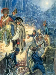Kampagnen i Preussen og Polen: Kejser Napoleon I (1769-1821) på tærsklen til slaget ved Iena og Auerstaedt 14/10/1805 - Kejser Napoleon I natten før slaget ved Jena-Auerstedt (Jena Auerstedt) mod den preussiske hær den 14. oktober 1805 - Illustr.