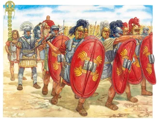 Roman Antiquite (republik): en gruppe romerske legionærer - Romersk republik: romerske legionærer - Illustration af Giuseppe Rava