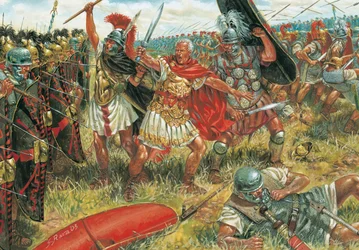 Romersk oldtid: Julius Cæsar (100-44 f.Kr.) vinder slaget ved Munda den 17. marts 45 f.Kr. i det sydlige Spanien mod republikkens tilhængere - Illustration