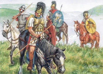 Roman antiquite (republik): en gruppe romerske ryttere - Romersk republik: romersk kavaleri - Illustration af Giuseppe Rava