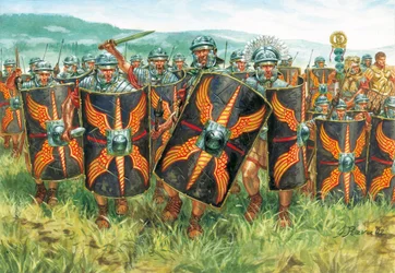 Romersk antik (imperium): en gruppe romerske legionærer - Romerriget: legionærer - Illustration af Giuseppe Rava