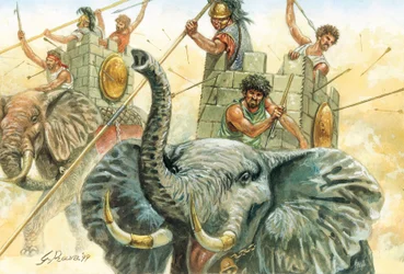 Romersk antikvitet: Hannibals elefanter - fremstilling af elefanter, der gjorde det muligt for general Hannibal (247-183 f.Kr.) at krydse Alperne i 218 f.Kr. under den anden puniske krig Illustration af Giuseppe Rava