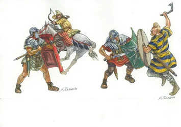 Romerske legionærer kæmper mod en parthisk bueskytte til hest og en frankisk kriger