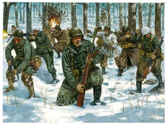 Anden Verdenskrig: Amerikansk infanterioffensiv under Ardenner-slaget i Bastogne, december 1944 - Anden Verdenskrig: Amerikansk offensiv under Ardenner-slaget, december 1944 - Illustration af Giuseppe Rava