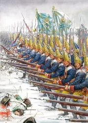 Syvårskrigen: Grenaderer fra den preussiske hær under slaget ved Leuthen, 05/12/1757 - Potsdamgardens parade ved Leuthen, 5. december 1757 under Syvårskrigen - Illustration af Giuseppe Rava