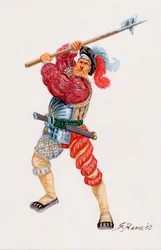 Un Lansquenet, tysk lejesoldat - en Landsknecht tysk lejesoldat - Illustration af Giuseppe Rava