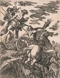 Voldtægt af Persefone med Pluto til hest til højre, 1590-1607.