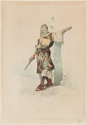 En maurisk soldat foran en solbeskinnet mur