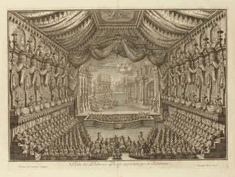 Opførelsen af La Serenata i det kongelige palads i Napoli par Vasi, Giuseppe (1710-1782). Kobberstik, størrelse: 41,5x62