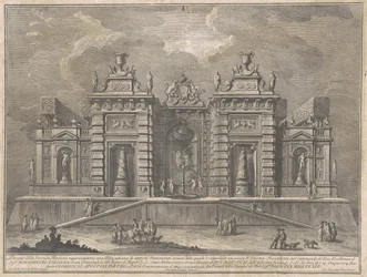 Seconda Macchina for Chinea fra 1774: En villa med gamle monumenter og et spil "Giostra"