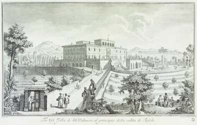 Villa Palmieri i Fiesole, af Giuseppe Zocchi (1711-1767), Udsigt over villaerne og omgivelserne i Toscana, Italien