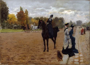 Amazon Cavaliere taler med vandrere Avenue Foch i Paris. Maleri af Giuseppe De Nittis (1846-1884), ca. 1875. Olie på lærred. Mål: 42x31 cm. Gener, Galleria d