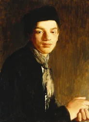 En ung mand, halvfigur, iført sort hat og halstørklæde, ca. 1911