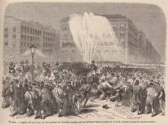 Udsnit af Puerta del Sol under studenterurolighederne om aftenen den 11. april.