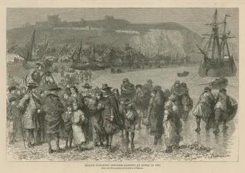Huguenotterne i England: Franske huguenot-flygtninge lander i Dover i 1685 (kobberstik)