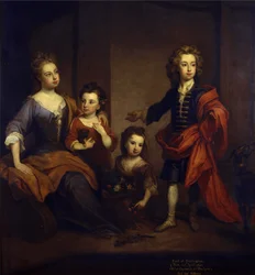 Portræt af Richard Boyle, 3. jarl af Burlington, med hans tre søstre, Elizabeth, Juliana og Jane Boyle, ca. 1700 (olie på lærred)