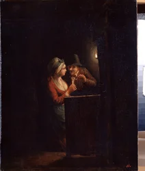 En mand og en kvinde ved levende lys. Maleri af Godfried Cornelisz Schalcken (1643-1706). Olie på lærred, 31 x 25 cm. Hollandsk kunst, barokkunst. State Open Air Museum Palace Gatchina, Sankt Petersborg.