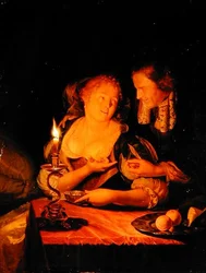 En gentleman tilbyder en dame en ring (olie på panel)