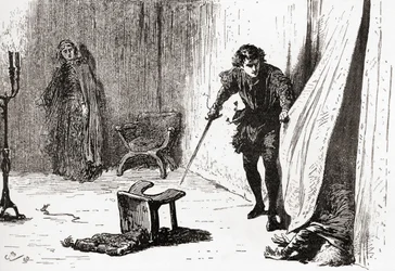 En scene fra William Shakespeares spiller Hamlet, Act III, Scene 4, Hamlet: Du elendige, udslæt, indtrængende fjols, farvel! Jeg tog dig til det bedre, fra The Works of William Shakespeare, udgivet 189