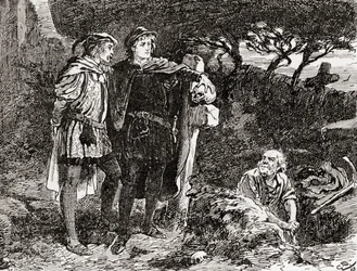 En scene fra William Shakespeares skuespil Hamlet, Akt V, Scene 1, Hamlet: Jeg kender ham, Horatio, en fyr med uendelig spøg, af mest fremragende fantasi, fra The Works of William Shakespeare, udgivet 1896 (f.