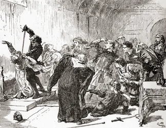 En scene fra William Shakespeares spiller Hamlet, Act V, Scene 2, Hamlet: The point envenomed too! End, gift, til dit arbejde. (Stabs the king), fra The Works of William Shakespeare, udgivet 1896 (graveret