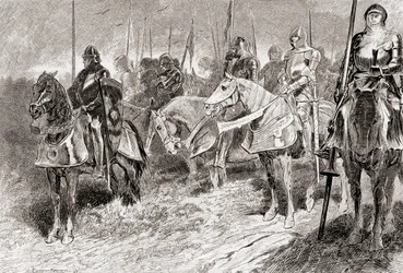 En scene fra William Shakespeares skuespil King Henry V, Act IV, Scene 2, Lord Grandpré: Rytterne sidder som faste lysestager med fakkelstave i hånden, fra The Works of William Shakespeare, pu