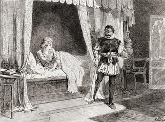En scene fra William Shakespeares spiller Othello Act V, Scene 2, Desdemona: Talk you of killing? Othello: Ay I do, fra The Works of William Shakespeare, udgivet 1896