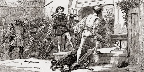 Tybalt dræbt af Romeo, scene fra William Shakespeares Romeo og Julie, akt III, Scene 1, fra The Works of William Shakespeare, udgivet 1896